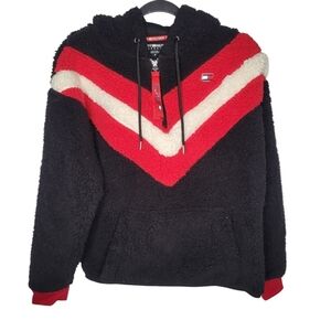Tommy Hilfiger Sports Chevron Sherpa Fuzzy Fleece Quarterzip in Black Red Sz M